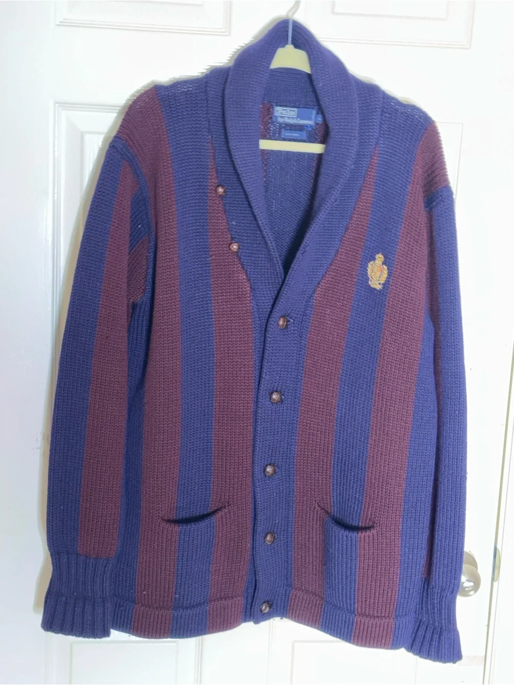 POLO RALPH LAUREN Stripe Shawlcollar Sweater Cardigan Mens Wool Crest Patch Sz L